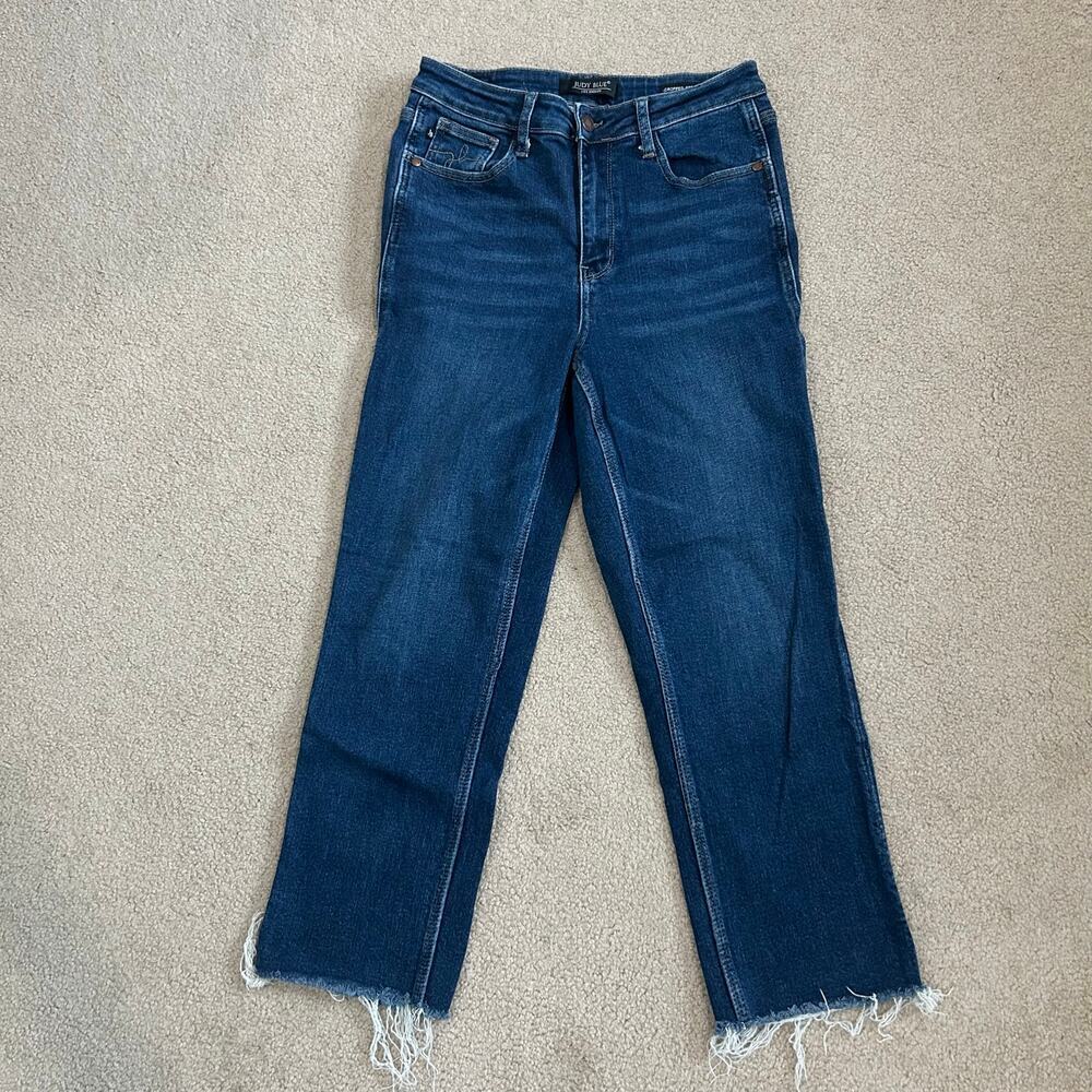 Judy Blue Cropped Straight Jeans Raw Hem Dark Wash Indigo High Waist Womens 9/29
